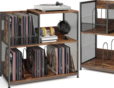 Zdjęcie produktu dla Stojak na gramofon winylowy KOMFOTTEU mieszczący do 300 albumów, 3-poziomowy wyświetlacz płyt z 3 wyjmowanymi przegrodami, drewniany i metalowy gramofon do salonu, sypialni, studia