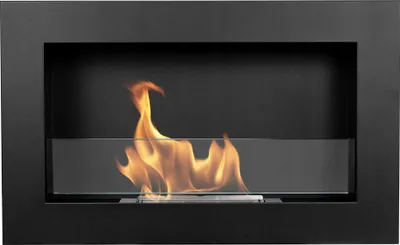 A close-up view of a black, wall-mounted bioethanol fireplace with a flame burning behind a glass panel.
