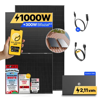 Produktbild von 1000W Balkonkraftwerk mit Speicher Solakon ONE (2,11 kWh) Solaranlage Steckerfertig WIFI Komplettset Photovoltaik Anlage 800W, Kabellänge: 3m