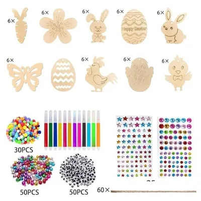 Produktbild von Holzanhänger Ostern Zum Bemalen, 264 Stück Ostern Basteln Kinder,Osterdeko Basteln Kinder,Osteranhänger Holz,Bastelset Ostern Kinder,Mit Aquarellstift,Strass,Deko Schnur, Augen Zum Basteln