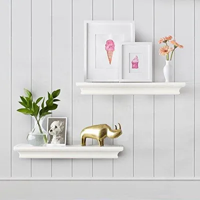 Image de Étagère murale, lot de 2, étagère suspendue, étagère de rangement en bois, décorative pour le salon, la chambre, le bureau, la salle de bains ou la cuisine, 40 x 10 x 4,5 cm, blanche