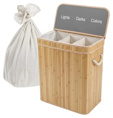 Produktbild von Relaxdays Wäschekorb mit Deckel, 3 Fächer, Bambus, 105 l, faltbar, HxBxT: 63 x 52 x 32 cm, Wäsche Sortiersystem, natur