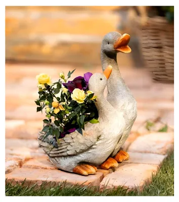 Produktbild von Pflanzer Gänsepaar aus Polyresin, wetterfest, Pflanztopf, Outdoor Blumentopf, Pflanzgefäß, Gartendeko für Außen