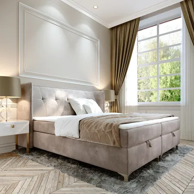 A bedroom scene with a large bed, nightstand, and window.