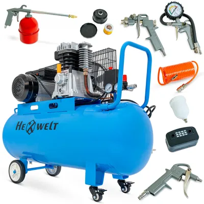 Image de Compresseur d'air lubrifié à l'huile HEXWELT 100 L 2200 W 8 bars 370 l/min monocylindre avec kit d'accessoires