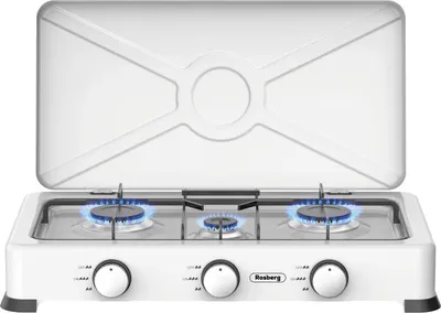Obrázek produktu pro Trojitá plynová varná deska s poklicí Rosberg R51454E3, 3x2,2 kWh, 30 mbar, Uhlíková ocel, Bílá