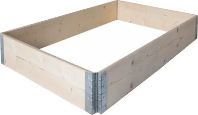 A wooden raised garden bed frame with metal corner brackets, shown from a diagonal angle against a white background.