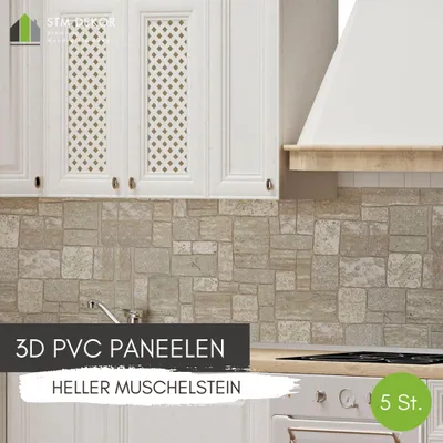 Produktbild von 3D-Wandpaneele PVC | Steinoptik | Light Shell Stone - 5 Platten - 2.5 m² | Für Wohnzimmer, Küche & Bad | Einfache DIY-Montage