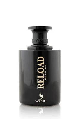 A black perfume bottle with gold lettering against a white background.