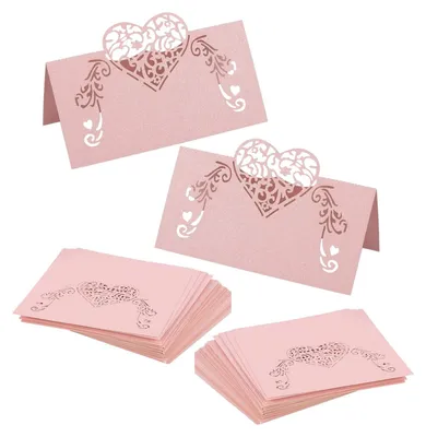 50 herzförmige Tischkarten mit Hohlausschnitt, rosa, 11x10x1,5 cm