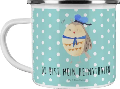 Produktbild von Mr. & Mrs. Panda Emaille Becher Eule Matrose - Türkis Pastell - Geschenk, Hochzeitstag, Heimathafen, Pott, Teetasse, Kapitän, Tasse, Owl, Kaffeepott
