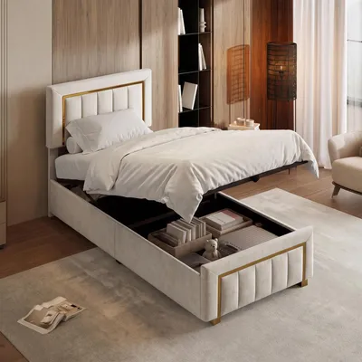 Produktbild von Polsterbett 90x200 cm,Boxspringbett 90x200,mit Lattenrost,Einzelbett,Jugendbett, Samt Stoff,Beige