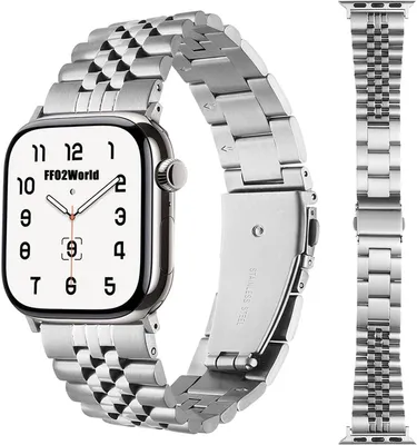 Produktbild von FFO2World Edelstahlarmband mit 5- & 3-Glieder-Design für Apple Watch 46/45/44/42/49 mm (Serie 1–11, SE, Ultra) – robustes Metallarmband – Silber