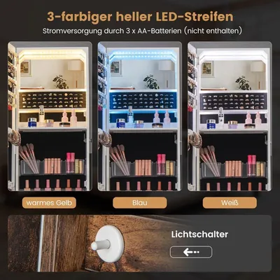 Obrázek produktu pro Šperkovnice se zrcadlem Zrcadlová skříňka uzamykatelná se 3 barevnými LED světly 41 x 35 x 166 cm hnědá