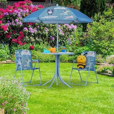 Produktbild von Famanu Kindertischset mit 2 Stühlen und Sonnenschirm - Blau