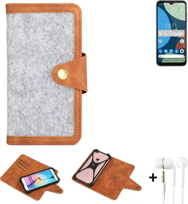 Produktbild von K-S-Trade Handyhülle + Kopfhörer kompatibel mit Fairphone 4 Schutzhülle Filz Hülle Kunstleder hellgrau braun (1x)