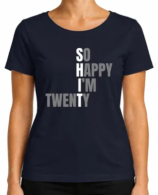 Imagen del producto de ¡Qué feliz! Camiseta para el 20º cumpleaños, diseño retro y divertido, para mujer, color azul marino, talla L