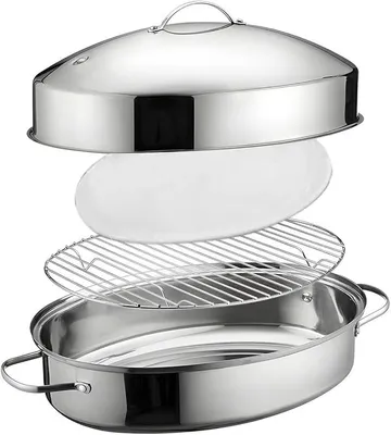 Imagen del producto de Juego de cocina de acero inoxidable: sartén para asar con soporte, accesorios ovalados, asadera para pavo, sartén con rejilla y tapa, asadera para pollo