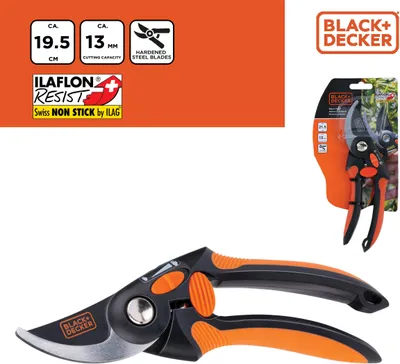 Zdjęcie produktu dla BLACK+DECKER Sekator obejściowy Wysokiej jakości stalowe ostrza - Sekator do przycinania Ergonomiczny uchwyt - Sekator do przycinania z możliwością cięcia 13 MM - Czarny / Pomarańczowy