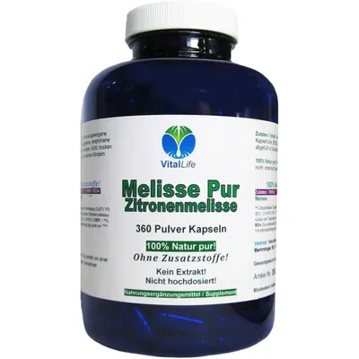 Produktbild von Melisse Pur Zitronenmelisse 360 Pulver Kapseln NATUR PUR. NICHT hochdosiert KEIN Extrakt OHNE Zusatzstoffe OHNE Füllstoffe.