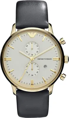 A close-up studio shot of an Emporio Armani chronograph watch with a white face, gold accents, and a black leather strap.