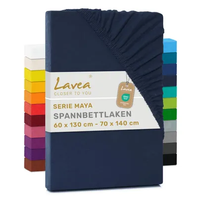 Produktbild von Lavea® Spannbettlaken 60x130cm - 70x140cm Maya Jersey, Bettlaken 100% Baumwolle, Matratzen bis 12 cm, Spannbetttücher, Galaxyblau