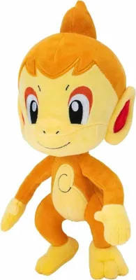 A plush toy of a monkey-like creature with orange and yellow fur, standing on a white background.