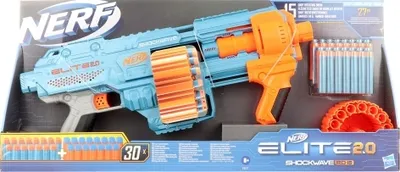 The image shows the packaging of a Nerf Elite 2.0 Shockwave RD-15 Blaster with 30 Nerf Darts.