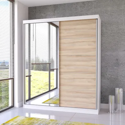 Produktbild von Schwebetürenschrank Kleiderschrank Schrank 183 cm Weiss/Sonoma mit Spiegel Bella 03