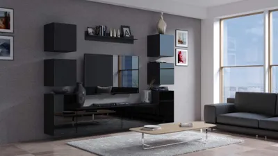 Image de Furnitech Meuble-paroi Salon - Meuble-paroi suspendu Moderne - Étagères et meuble TV - Meubles de salon sans LED (Future C34/HG/B1 1A)