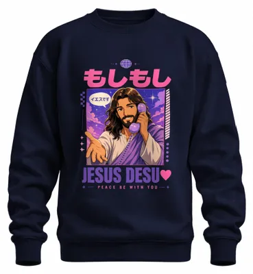 Productafbeelding van Moshi Moshi Jesus Desu. Vrede zij met u. Japan. Y2K Vaporwave Sweater, marineblauw, maat XL