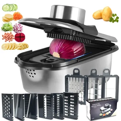 9-in-1 Gemüseschneider aus Edelstahl, 11-teilig, Julienne- und Würfelschneider