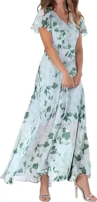 Produktbild von ASKSA Damen Sommerkleid Blumendruck Lang Ruesche Kurzarm V Ausschnitt Strandkleider Boho Beach Midikleid Freizeitkleid (Gruen,XXL)