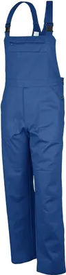 A full-body shot of blue overalls against a white background.