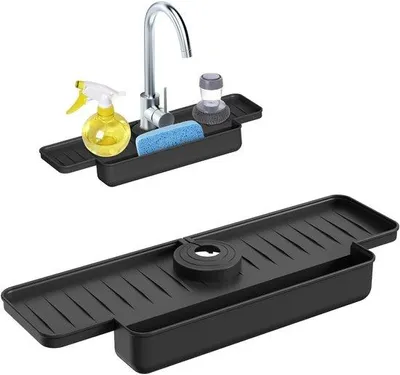 Image de Protection anti-éclaboussures pour robinet de cuisine - Bac de récupération pour robinet de 15 à 17 pouces - Tapis en silicone pour robinet - Protection anti-éclaboussures pour évier de cuisine - noir