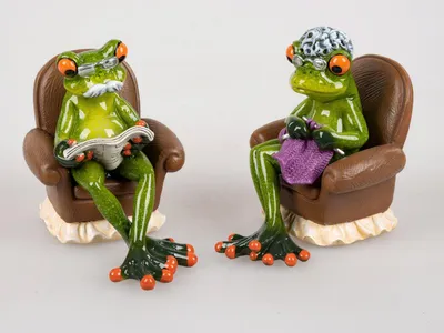 Productafbeelding van Formano set van 2 grappige kikkers, een kikkerpaar: oma en opa in een fauteuil, decoratief beeld, Poly, 12 cm