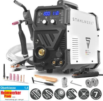 Produktbild von STAHLWERK Schutzgasschweißgerät 3-in-1 Kombi MTM-200 ST – Kombi-Inverter für WIG, MIG/MAG, MMA/E-Hand bis 200 A, 4-Rollen-Antrieb, Fülldraht geeignet