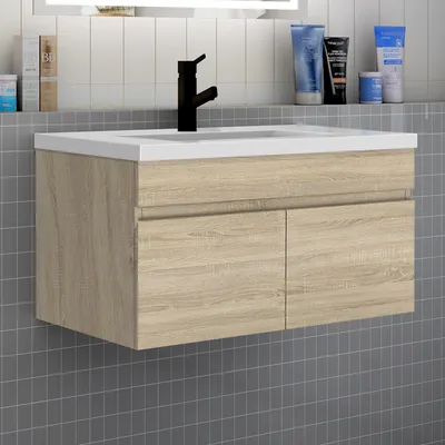 Produktbild von Badezimmer Badmöbel 80 cm Mineralguss Waschtisch mit Unterschrank Hängeschrank Badezimmerschränke Badschrank mit 2 Türen Eiche