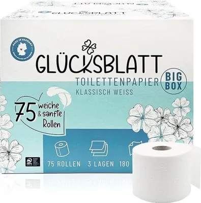 Produktbild von Glücksblatt Toilettenpapier Box, 3-lagig, 75 Rollen x 180 Blatt, 100% Zellstoff, Großpackung, superweiches Klopapier