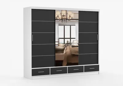 Produktbild von FRENCE Schwebetürenschrank 253 cm Weiß/Schwarz Matt mit Spiegel, großer Kleiderschrank 2-türig mit Schubladen