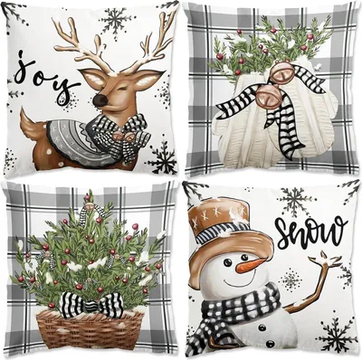 Produktbild von Weihnachtskissenbezug 4er Set Rentier 45x45cm Weiß Grau für Deko und Wohnzimmer