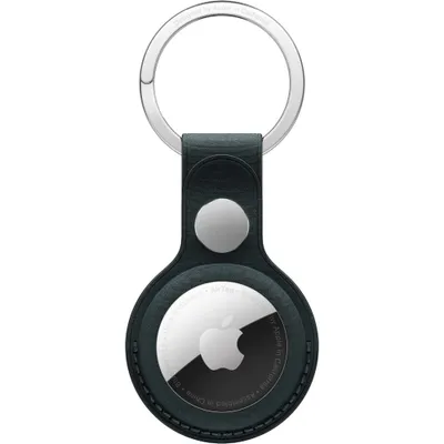 A product shot of an Apple AirTag in a dark green leather loop keychain.