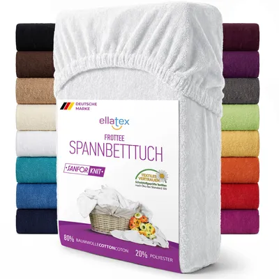 Produktbild von EllaTex Frottee Spannbettlaken 180x200 – 200x220 Baumwolle – Spannbetttuch mit 40 cm Steg für Boxspring & Wasserbett, in Farbe: Weiß