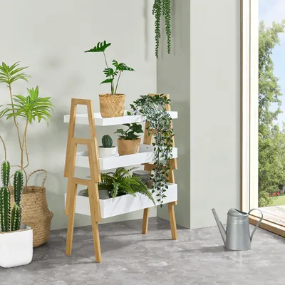 A plant stand with various plants displayed in a room with a window.