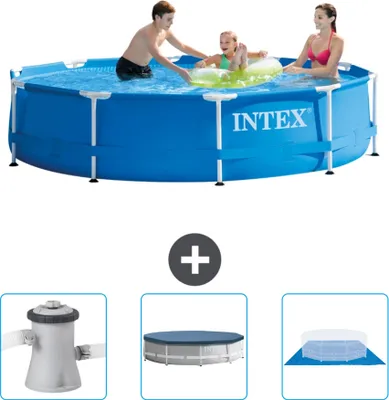 Produktbild von Intex-Schwimmbecken mit rundem Rahmen – 305 x 76 cm – Blau – im Lieferumfang enthalten Filterpumpe für Schwimmbad - Abdeckung - Bodenplane
