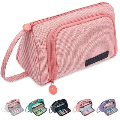Produktbild von Großes Federmäppchen mit 2 Fächern und Griff, tragbarer Organizer für Bürobedarf, niedliches Federmäppchen für Schule, Büro, Mädchen und Frauen (rosa)