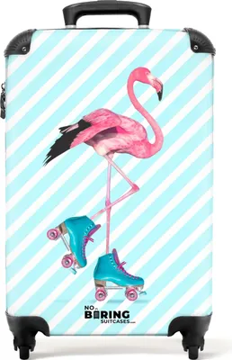 Obrázok produktu pre NoBoringSuitcases.com® Kufr Príručná batožina Kufr na kolieskach Malý cestovný kufor na 4 kolieskach - Flamingo s modrými kolieskovými korčuľami - Kabínová veľkosť < 55x40x23 cm a 55x40x20 cm - Foto kufor - Kabínová batožina - Palubná batožinaPríručná batožina Kufrík 55x35x20 cm, 36L,