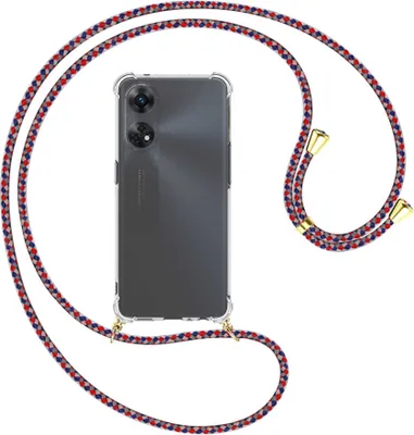Produktbild von Handykette Backcover-Schutzhülle mit Band (Metall goldfarben) für Oppo Reno8 T 4G (CPH2481, 6.43'') - silber/blau/rot
