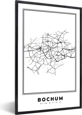 Produktbild von MuchoWow® Gerahmtes Poster Deutschland - Bochum - Stadtplan - Karte - Schwarz-Weiß - Karte 60x90 cm - Poster mit Schwarzem Bilderrahmen Wandposter Rahmen Foto Bilder - Kunst