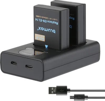 Produktbild von 2x Akku + LCD Lader für Nikon EL-EL14 D3300 D5500 D5600 P7700 P7800 1300 mAh